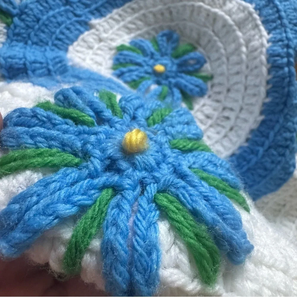 Vintage Hand-Crocheted Toilet Seat Cover Topper – Blue & White Floral